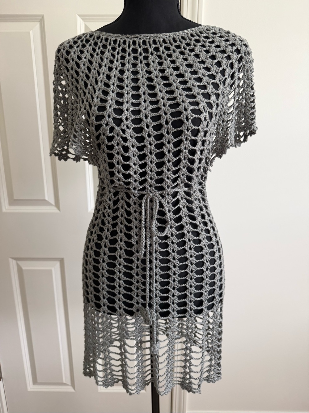 Ya Los Angeles Grey Crochet Swim Cover-Up with Tie Waist